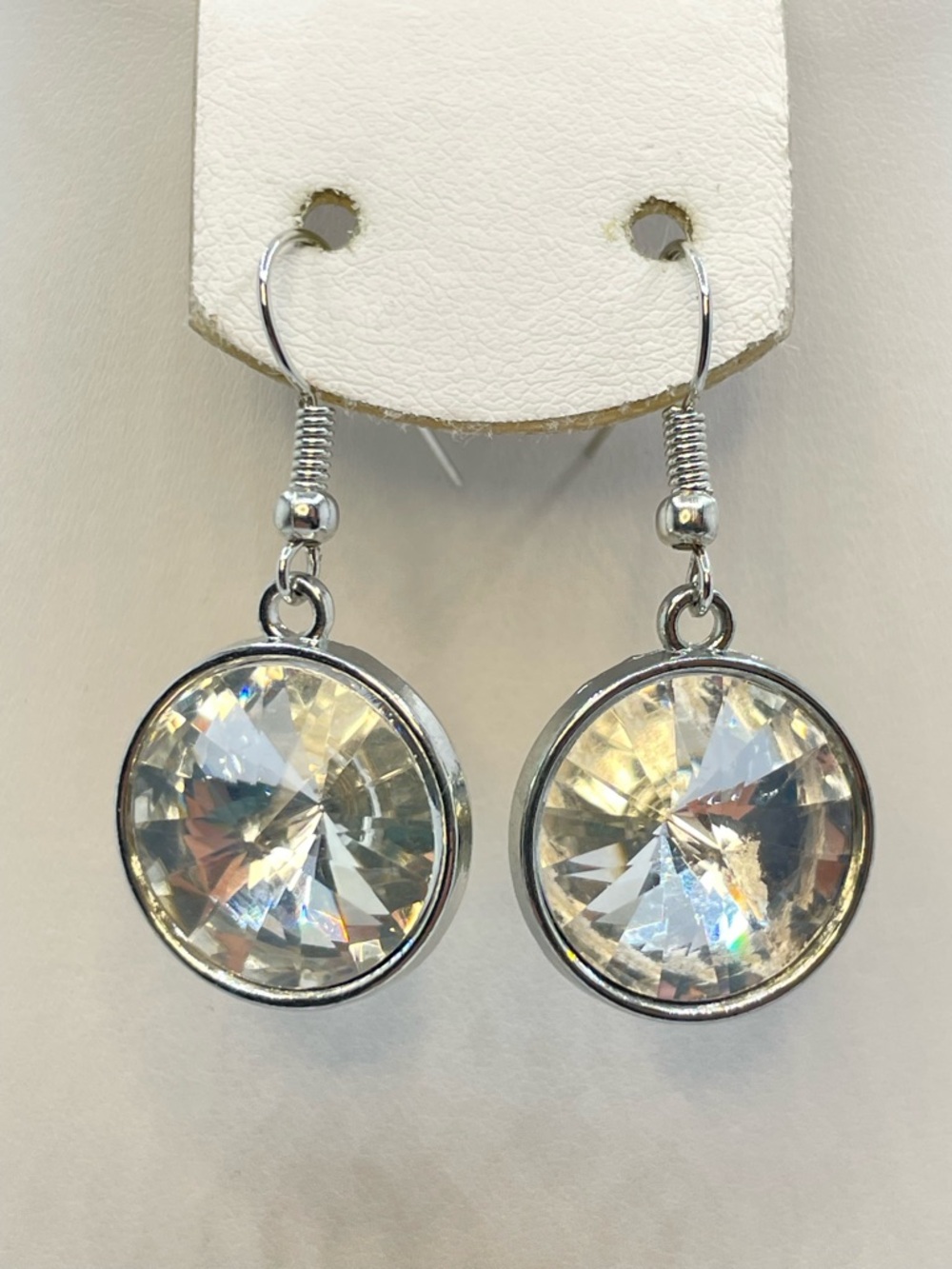 Silver Tone Clear Crystal Glass Round Drop Earrings Sparkly Statement